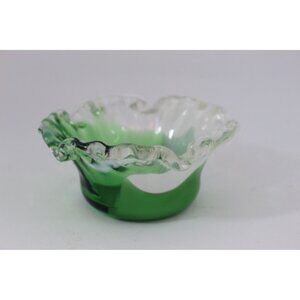 Vintage Green Art Glass Bowl with Ruffled Edge 6” Sculptural Catchall